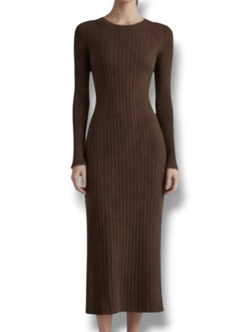 Quince Cotton Cashmere Ribbed Long Sleeve Crew Midi Dress Mocha Heather Medium
